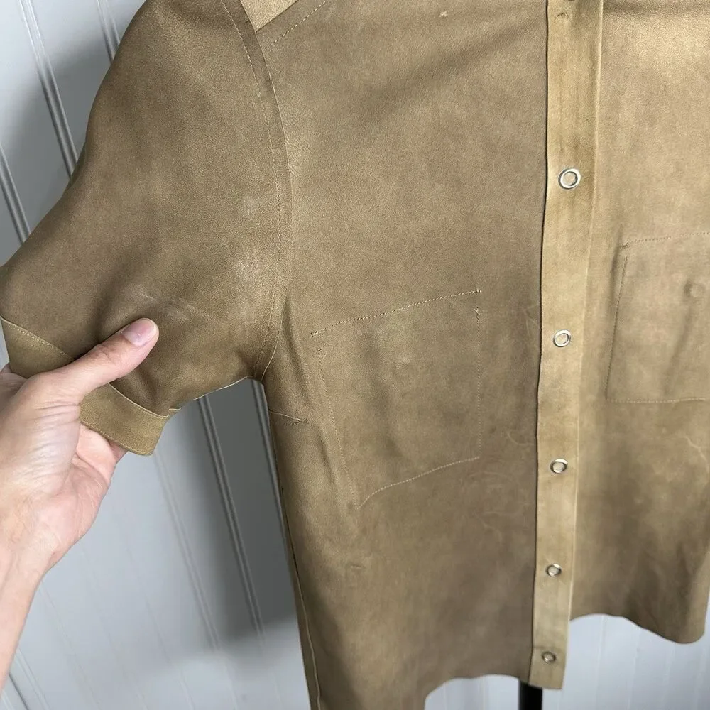 Michael Kors Brown Suede Top Sz S? Pearl‎ Snap Short Sleeve Italy Quiet Luxury